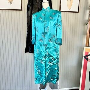Vintage Asian Peony Blue Kimono Dressing Coat and Pants Silky Satin Set